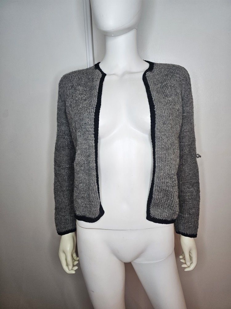 Hand Knit by Ro Kanne Gray/Blk Open-Front Wool Cardigan Size S/M
