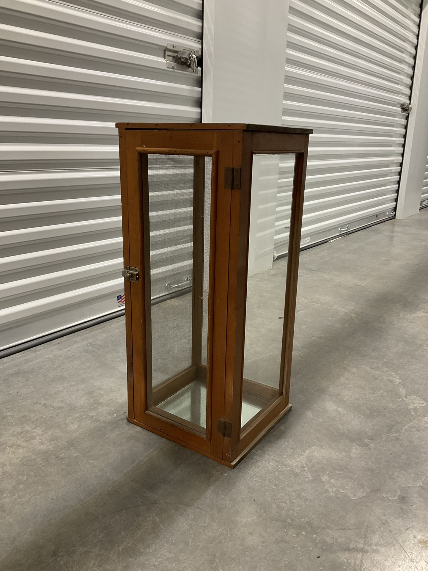 Antique Pie Cabinet Display Shelf With Lock Screen Door Wooden Vintage Mirror Bottom Rare