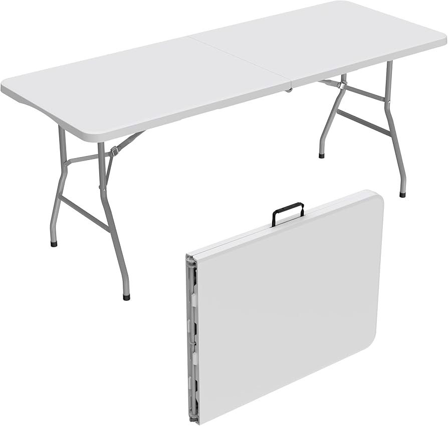 6Ft Folding Table for Indoor Outdoor, Fold-in-Half Portable Plastic Dining Table with Carrying Handle for Picnic Party Camping, White