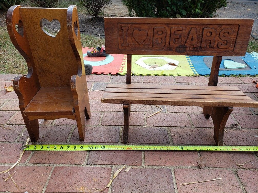 Vintage small wood kids bench and doll/bear chair