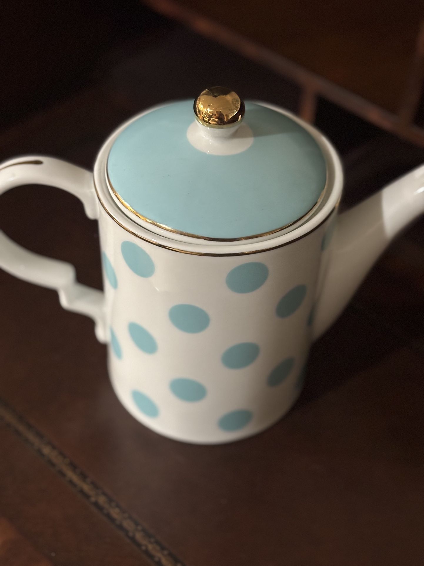 New Grace’s tea Ware, adorable white teapot with turquoise polkadots and gold trim