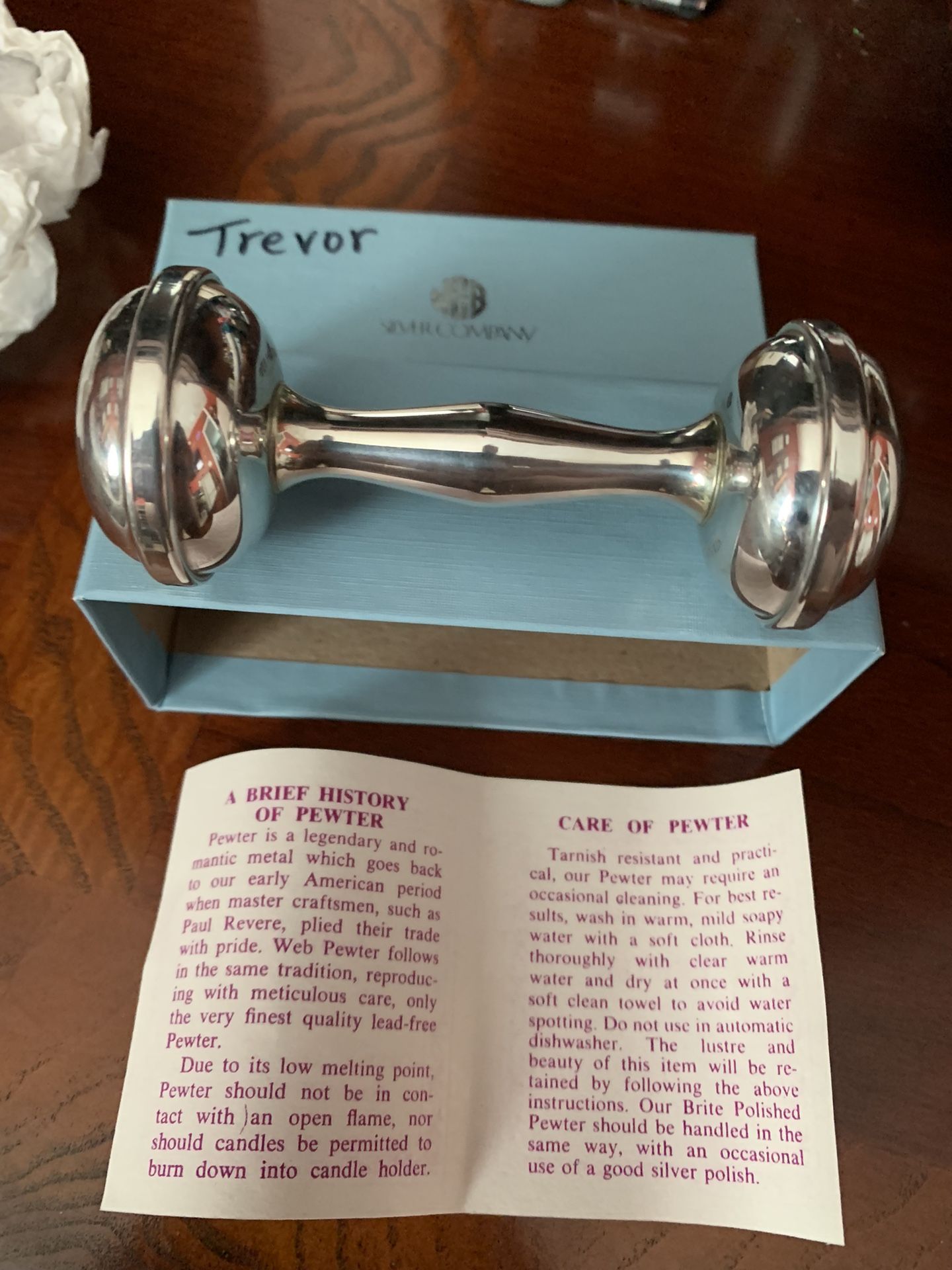 WEB Silver Company Vintage Pewter Silver Baby Rattle In Box & Instructions