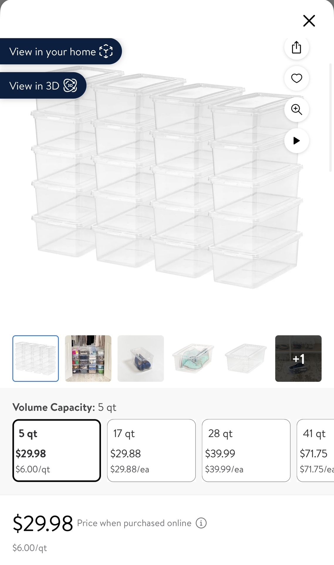 5 QT. Shoe Box Plastic Storage, Clear, 20 Pack