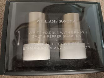 Williams Sonoma White Marble Brass Salt & Pepper Shakers
