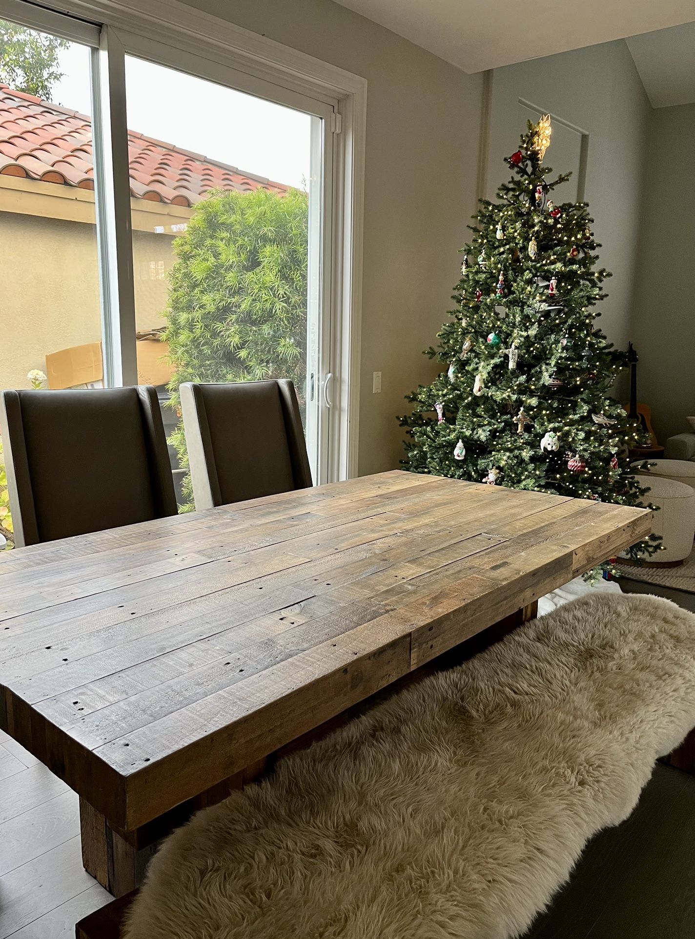 West Elm Reclaimed Wood Dining Table, Leather Chairs, and Bench for