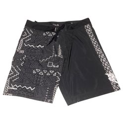MENS DAHUI BOARD SHORTS 40 BLACK GRAY TRIBAL POLYNESIAN SURF BEACH TRUNKS