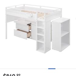 Twin Size Loft Bed with Rolling Cabinet, Desk, Drawers and Bed Side Storage Excellent Condition 