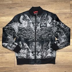 Rebel Vengeance Bomber Jacket Black Red Skull Heart Full Zip Graphic Mens Small