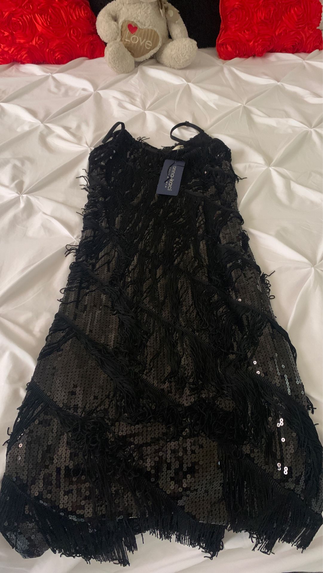 Anna Kaci Black Sequin Fringe Dress