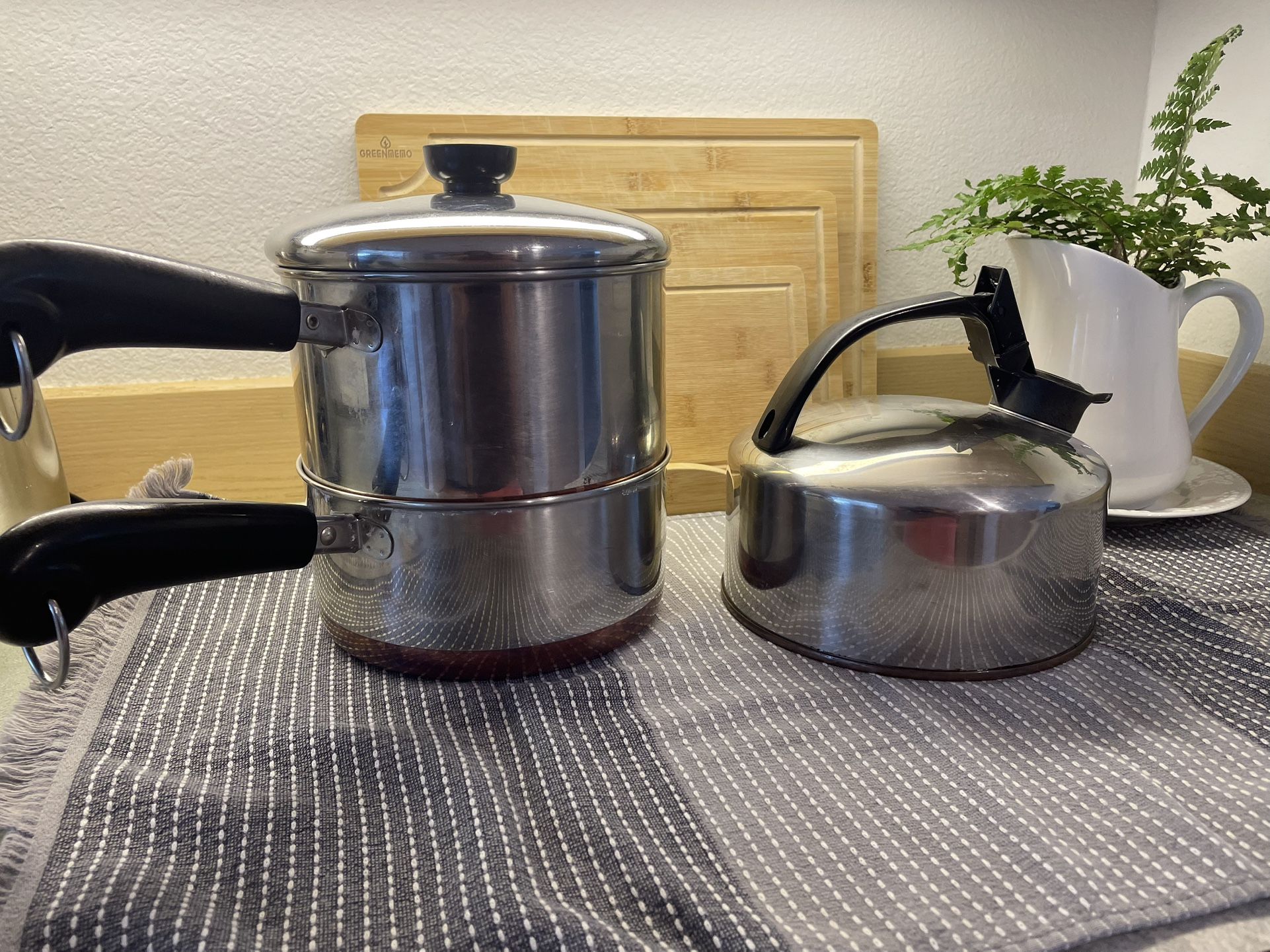 2 Revere Ware Sauce Pans & Teapot