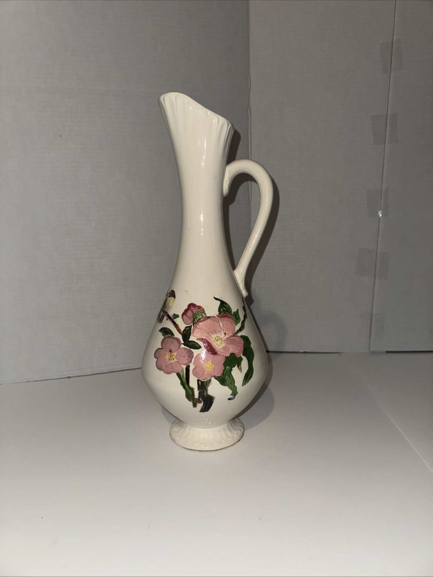 Vintage Hand Painted Tall Water Pitcher Vase Desert Roses with Birds Rare find