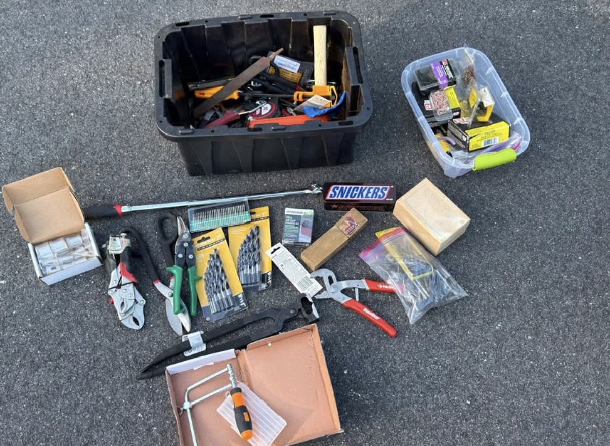 Large Mixed Tool Lot Husky Drill Bits Cutters Snips Files Nails Hardware Box