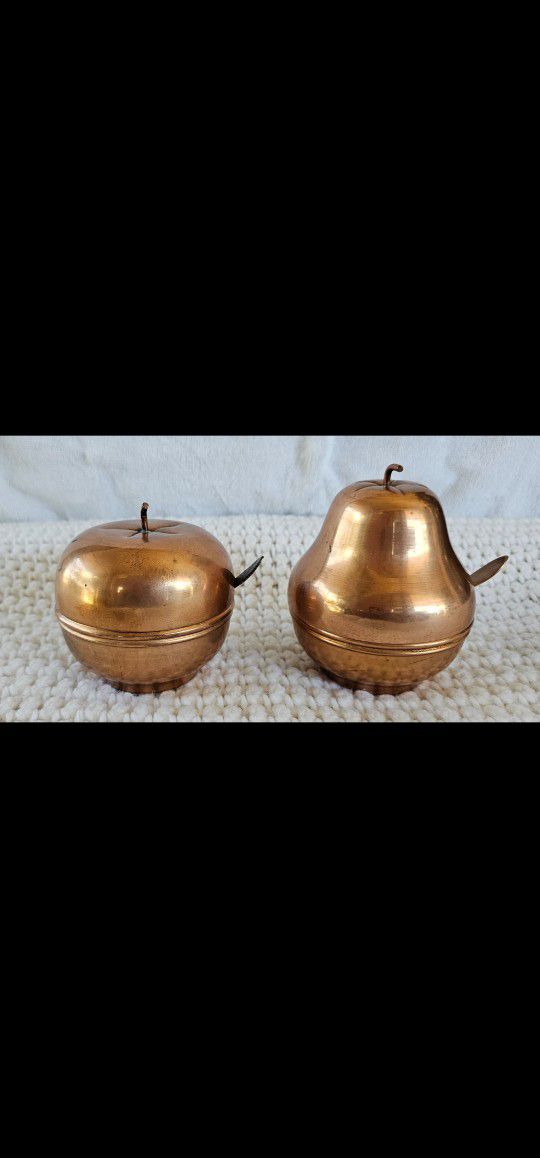Set of 2 Vintage Cespedes Brass/glass Apple & Pear w/lids and Spoons Chile Canister 