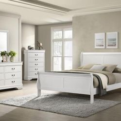 Four piece queen bedroom set with the queen bed frame dresser mirror and nightstand on sale now don't miss