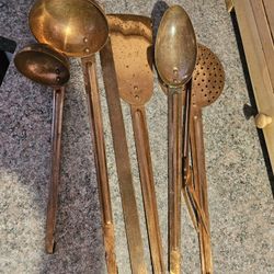 Set Of 6 Vintage Copper Utensils And Wall Hanger
