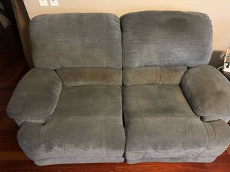 Gray Fabric Reclining Loveseat- powered