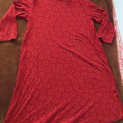 Gudrun Sjoden Stretch Knit Dress  L red Orange Colorful 3/4 Sleeve anthropologie