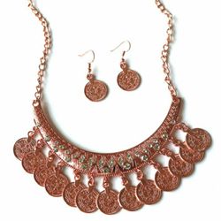 Antique Rose Gold Gypsy Fringe Tassel Crystal Carved Coins Necklace Jewelry Sets