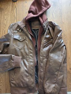Men's Brown Faux Leather Bomber Jacket with Removable Hood – Size M