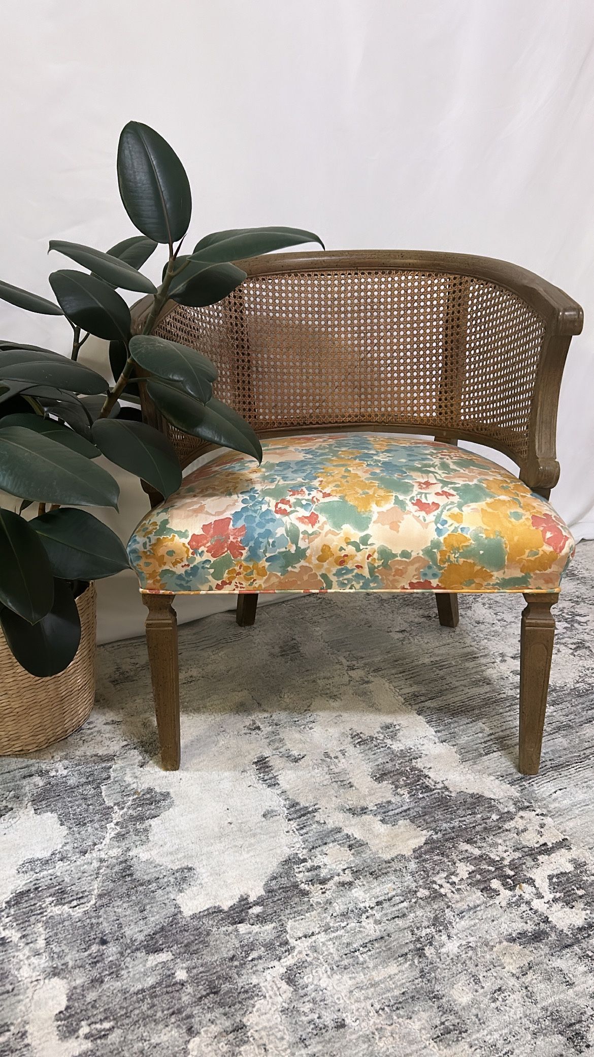 Vintage Cane Barrel Back Club Chair Floral Chair Vintage Chair for