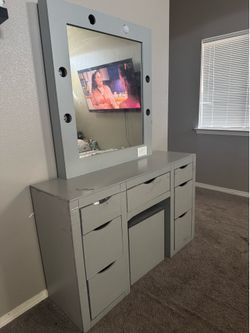 Vanity with lights and chair (chair has storage space)