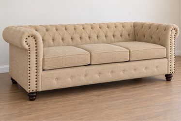 81-Inch Beige Tufted Sofa with Nailhead Trim