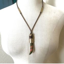 Unakite  horn pendant  brass  brown cord On Charm necklace
