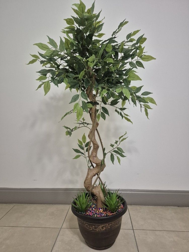 54" Faux Ficus Tree Topped with Bohemian Rainbow Stone / Succulent Greenery in a 12" Resin Planter @ Lasting Creations