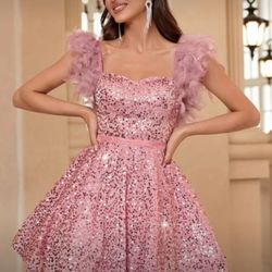 Rosy Pink Ruffled Sequin Fit and Flare Dress with Flutter Sleeves for Prom