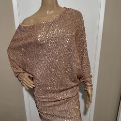 Fashion Nova Women's Rose Gold Sequins Dress Size Large 