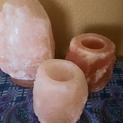 Pink Salt Lamp And 2 Candle Holders