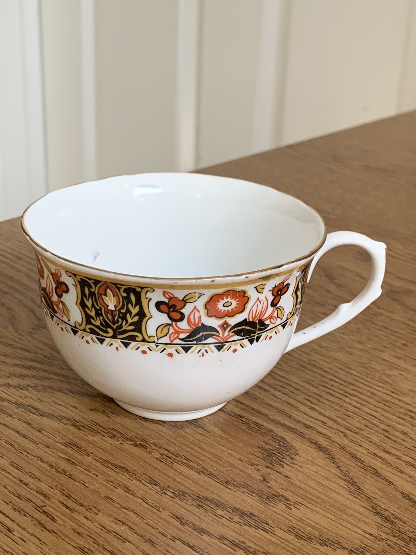 Antique Melba Bone China England Teacup Orange Black Floral Gold Trim Scalloped