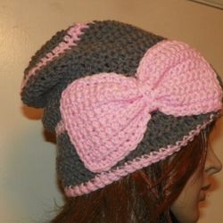 Gray Slouch with Pink Bow and trim Hand Crochet