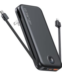 Portable Charger with Built in Cable and AC Wall Plug, USB C Power Bank 12000mAh 22.5W Super Fast Charging, Lightweight Portable Phone Charger Travel 