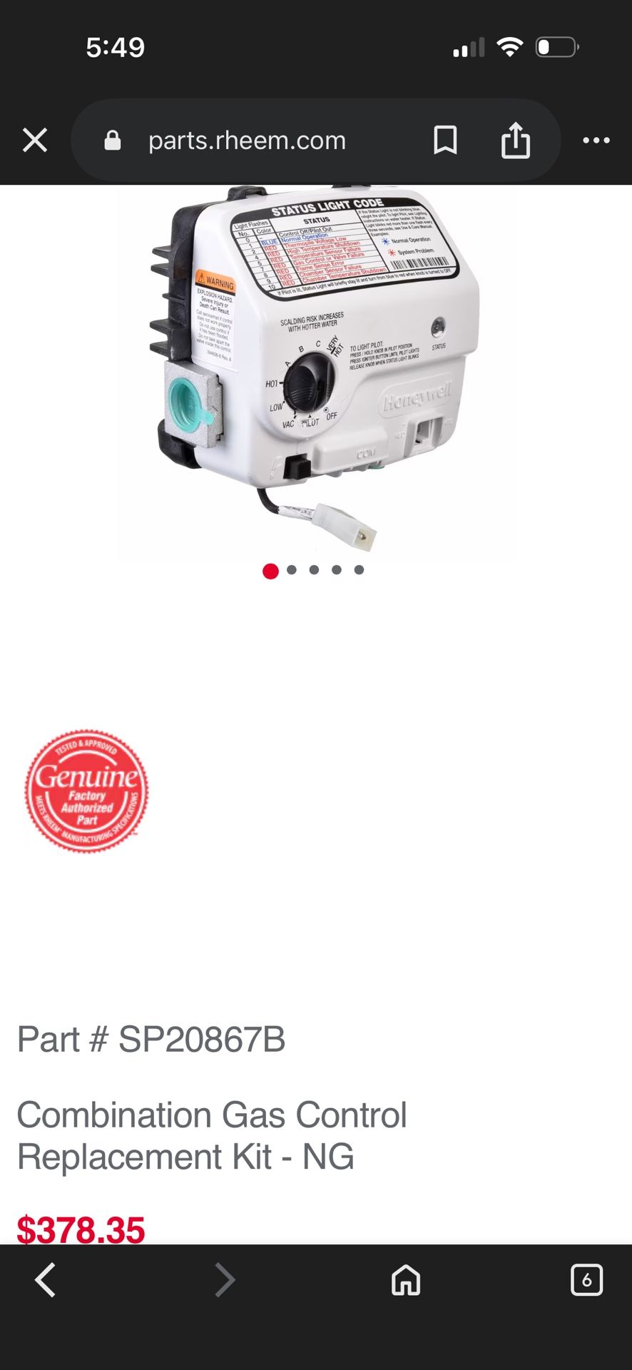 Brand New Water Heater Tank Control Board - Rheem PROTECH Natural Gas Combination Control Thermostat Replacement Kit