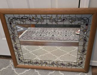 Stained Glass Wall Mirror with Oak Frame 31" X 25 1/2"
