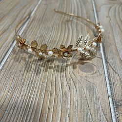 Gold Leaf & Pearl Flower Vine Headband 