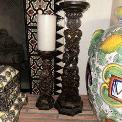 Two Antique Wood Candle Holders