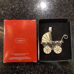 Vintage Christmas Ornament Baby Buggy Carriage Beige & Silver Tone with Stones