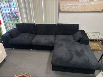 New 113” Black Corduroy Fabric Sectional Sofa L-Shape Sofa