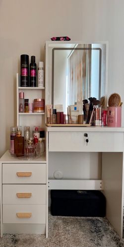 Makeup Vanity Table with Mirror, Drawers, Shelves & Stool – White