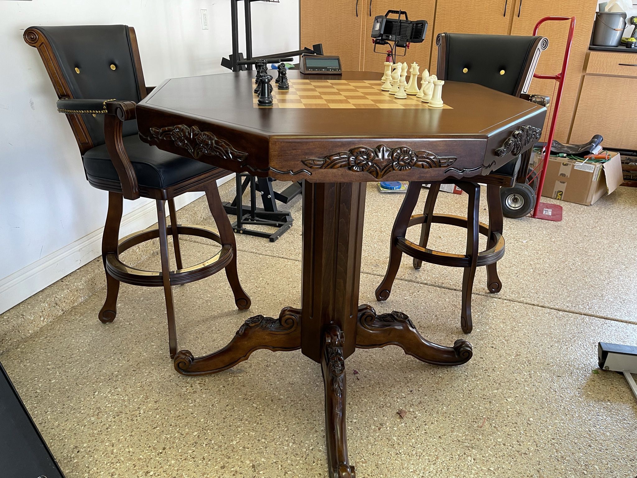 Elegant Carved Chess Table And Chairs 