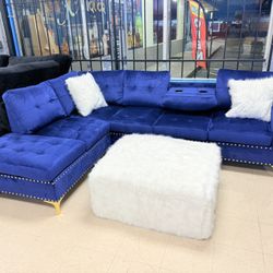 Sectional Royal Blue With Fluffy Ottoman On Sale 