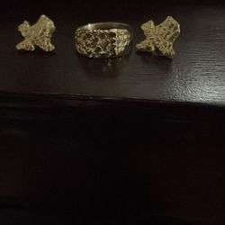 10k Texas Nugget Earrings And Nugget Ring
