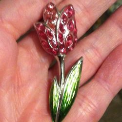 Swarovski Pink Rhinestones Flower Green Stem Silver Tone Pin Brooch Pretty Tulip.