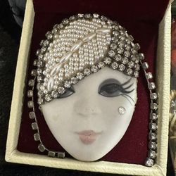 Vintage Gabriella Pin/Brooch  Hand-Painted Porcelain Face featuring rhinestone accents