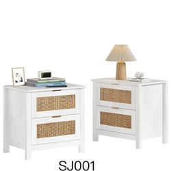 Set Of 2 Rattan White Nightstands With 2 Drawers 