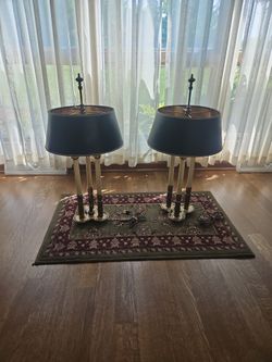 Pair Of Stiffel Candlestick Lamps With Black And Gold Shades