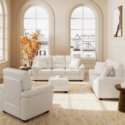 3Piece Living Room Set, Faux Leather Sofa Set, Sofa Loveseat And Chair , Living Room Sofa Set , Faux Leather Couches,white Color Living Room Couch 