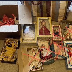 Huge Bag of Antique Vintage Dolls in Boxes + Extra Dresses Jewels + Porcelain Ceramic Pets   